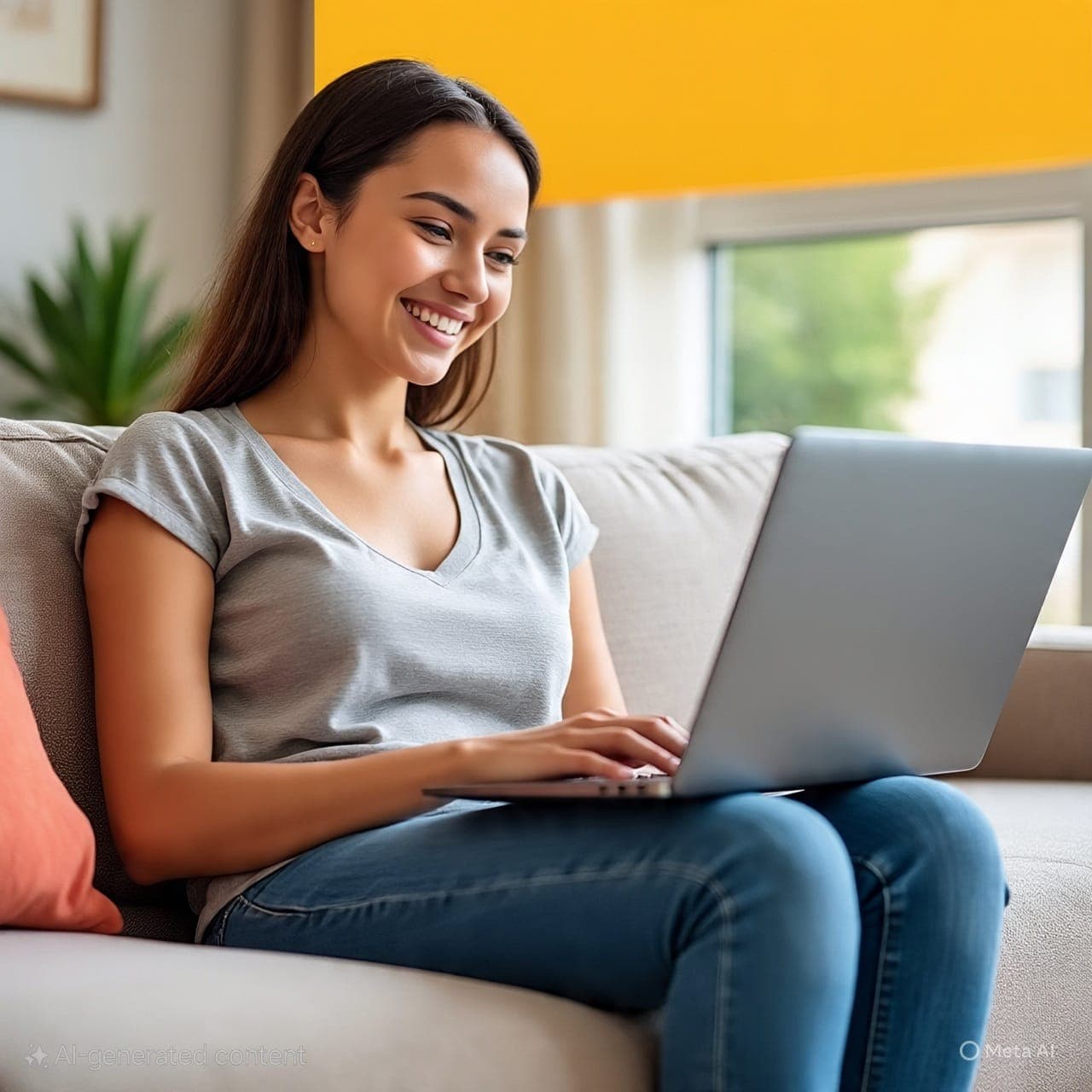 Woman using laptop on couch for hassle-free repairs