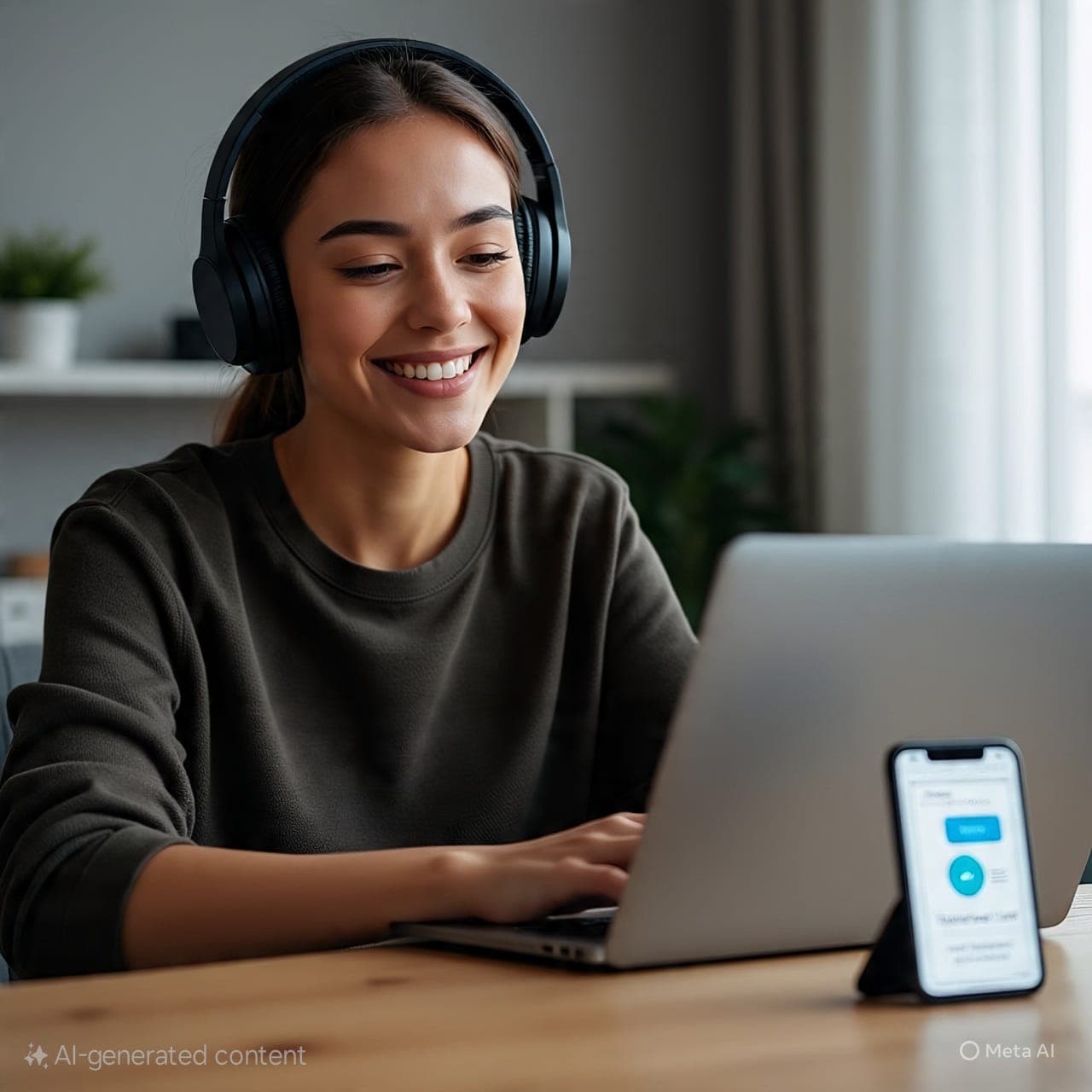 Woman with headphones booking laptop repair online