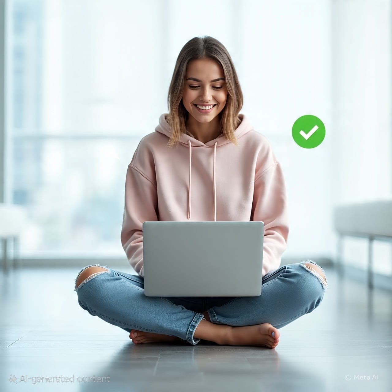 Happy woman with fixed laptop showing customer satisfaction